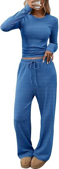 CHYRII Womens Two Piece Sets Fall Fashion Striped Long Sleeve Tops Wide Leg Palazzo Pants Outfits Loung Sets (X-Small, Deep Gray)