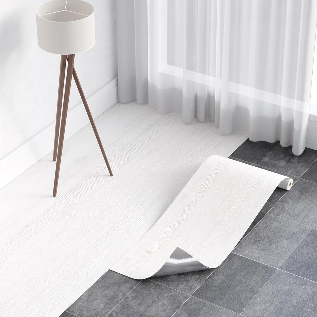 Homease Vinyl Flooring Roll 15.7" W x 118" L/ 12.9 Sq.Ft, Wood Grain Peel and Stick Floor Tiles Waterproof Wear-Resistant Vinyl Plank Flooring for Any Room, Easy DIY Flooring Solutions, White
