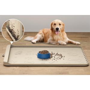 Dog Food and Water Mat 28x20 Inch Sand Color - Non-Slip Silicone Mat with High Edges & Residue Pocket - Waterproof Pet Feeding Mat for PET