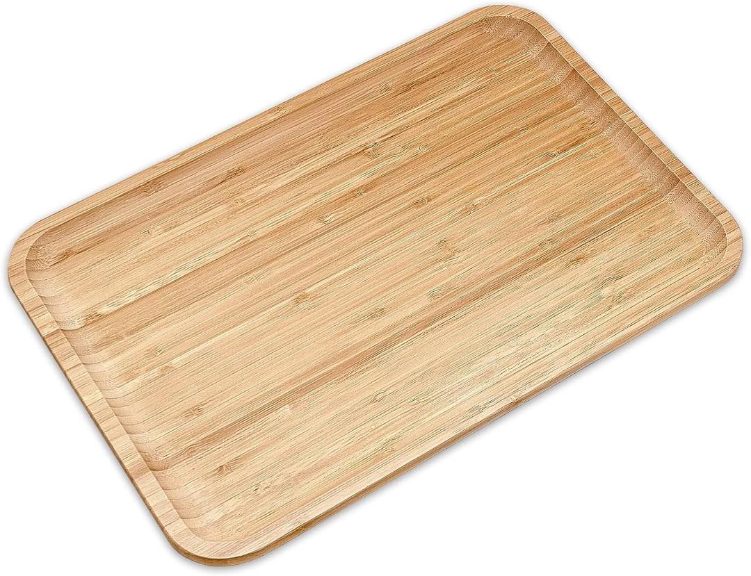 Bam&Boo Bamboo Serving Tray Natural Minimalist Rectangular (14.1 x 9.4" x 0.8") Coffee, Tea, Food, Drinks, Storage, Decor for Home, Kitchen, Bathroom