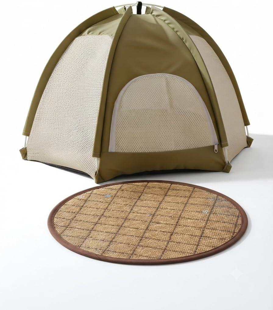 Cat Tent Bed, Foldable Breathable Pet Camping Tent for Cats & Small Dogs, Semi-Enclosed Outdoor Indoor Cat Bed with Cooling Mat, Pop Up Portable Travel Cat House (Green)