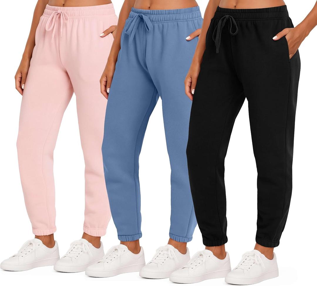 Real Essentials 3 Pack: Women's Fleece Jogger Sweatpants (Medium)