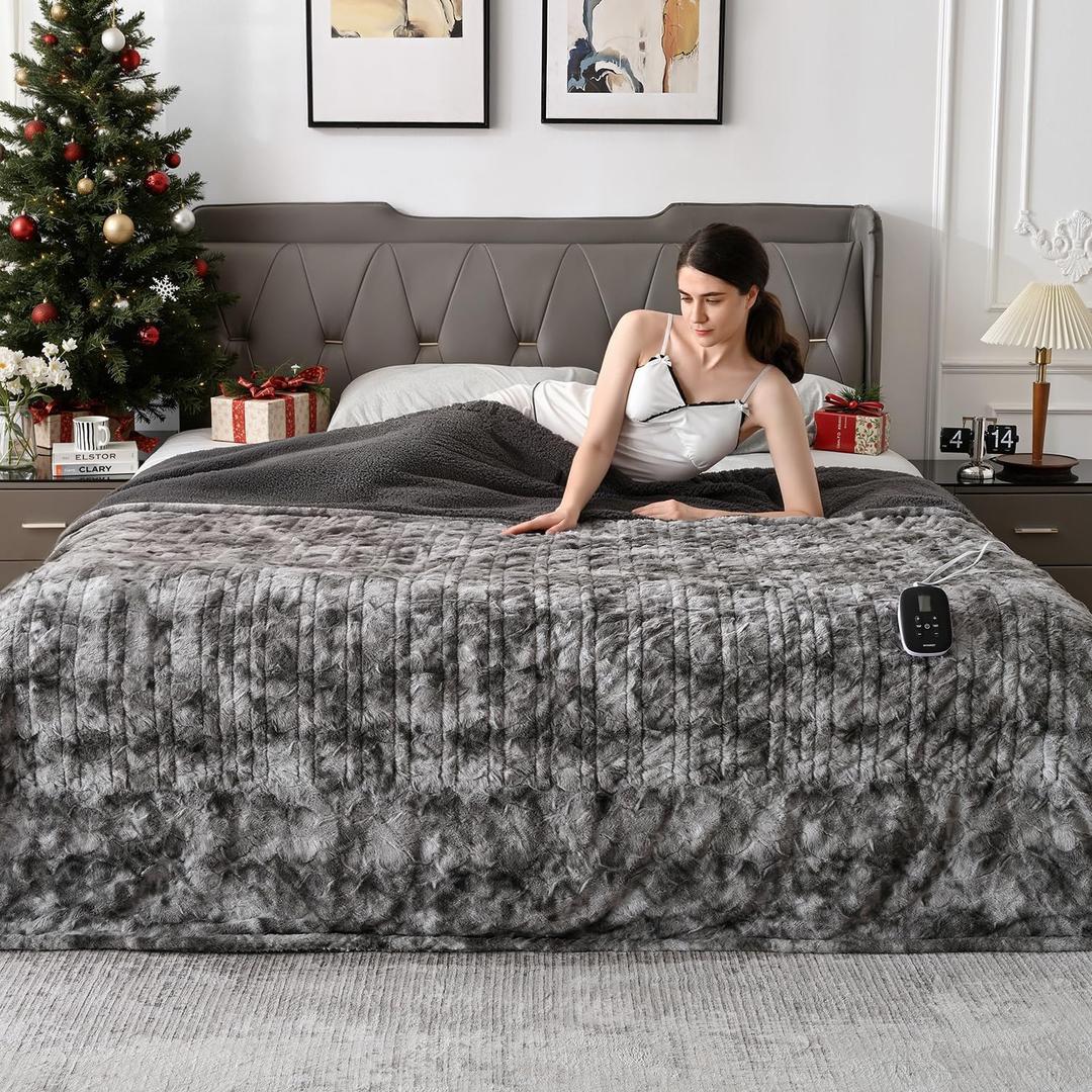 WOOMER Heated Blanket Full Size Electric Blanket 77"x 84", Soft Faux Fur Fast Heating Blanket, 10 Heating Levels & 0.5-12H Auto Off, Over-Heat Protection, ETL Certification