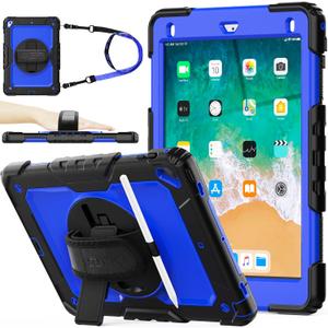 SEYMAC stock Case for iPad 6th / 5th Generation Case/Air 2 / Pro 9.7 inch, Heavy Duty Protective with Screen Protector, with Pencil Holder, Hand Strap, Shoulder Strap, 360 Rotate Stand, Blue+Black