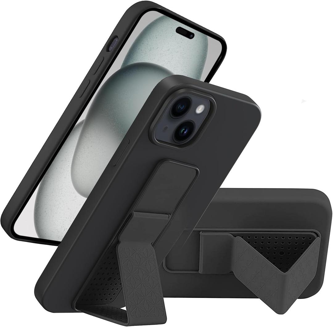 LAUDTEC Silicone Kickstand Case Compatible with iPhone 15, Vertical and Horizontal Stand Hand Strap Metal Kickstand Cover, Flexible Soft Liquid Silicone Stand Case for iPhone 15 (Black)