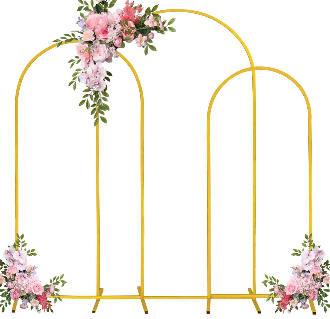 Fivenl Set of 3 Arch Backdrop Stand 7.2FT, 6.6FT, 6FT Gold Wedding Balloon Stand Stable Metal Door Frame for Ceremony Birthday Party Bridal Baby Shower Banquet Decoration