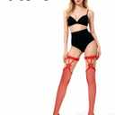 Lusofie 2 Pairs Fishnet Tights for Women - Black Bow Suspenders Lace Stockings for Women - Elastic Nylon Red Fishnet Thigh Highs
