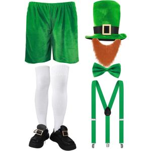 Patelai 7 Pcs St Patrick's Day Costume Leprechaun Hat Beard Suspender Bow Tie Shorts Socks Gold Shoe Buckles Outfit (Large)