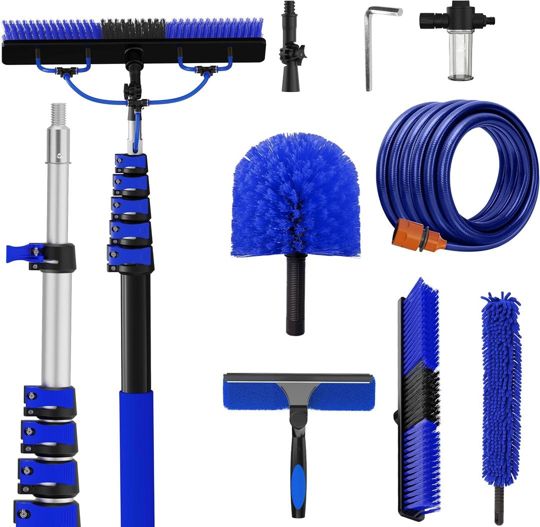 Reach Solar Panel Cleaning Brush Kit with 5-24FT Telescoping Pole, Water Fed Window Cleaner Tool with 20" Brush, Soap Dispenser, Cobweb Duster, Squeegee for Roof, RV, Gutter, Deck,Blue