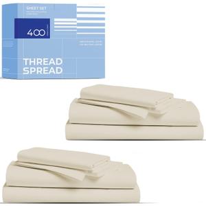 THREAD SPREAD 2-Pack King Size Sheets Set - 400 Thread Count 100% Cotton Sateen Weave - Extra Soft, Breathable, Hotel Quality Cooling Sheets, 2 Sets of King Size Deep Pocket Bed Sheets (Ivory)