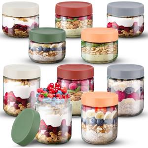 Qinyoung Glass Meal Prep Containers 10 Pcs Overnight Oats Containers with Lids 16 oz and 10 oz Large & Small Glass Jars Breakfast Oatmeal Container Salad Meal Prep Jars for Food Storage(Retro Color)