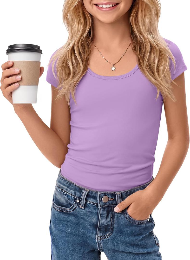 Oakgarden Girl's T-Shirts Summer Tops Teen Cap Sleeve Shirts Kids Scoop Neck Fitted Cute Casual Basic Tees 5-14 Y