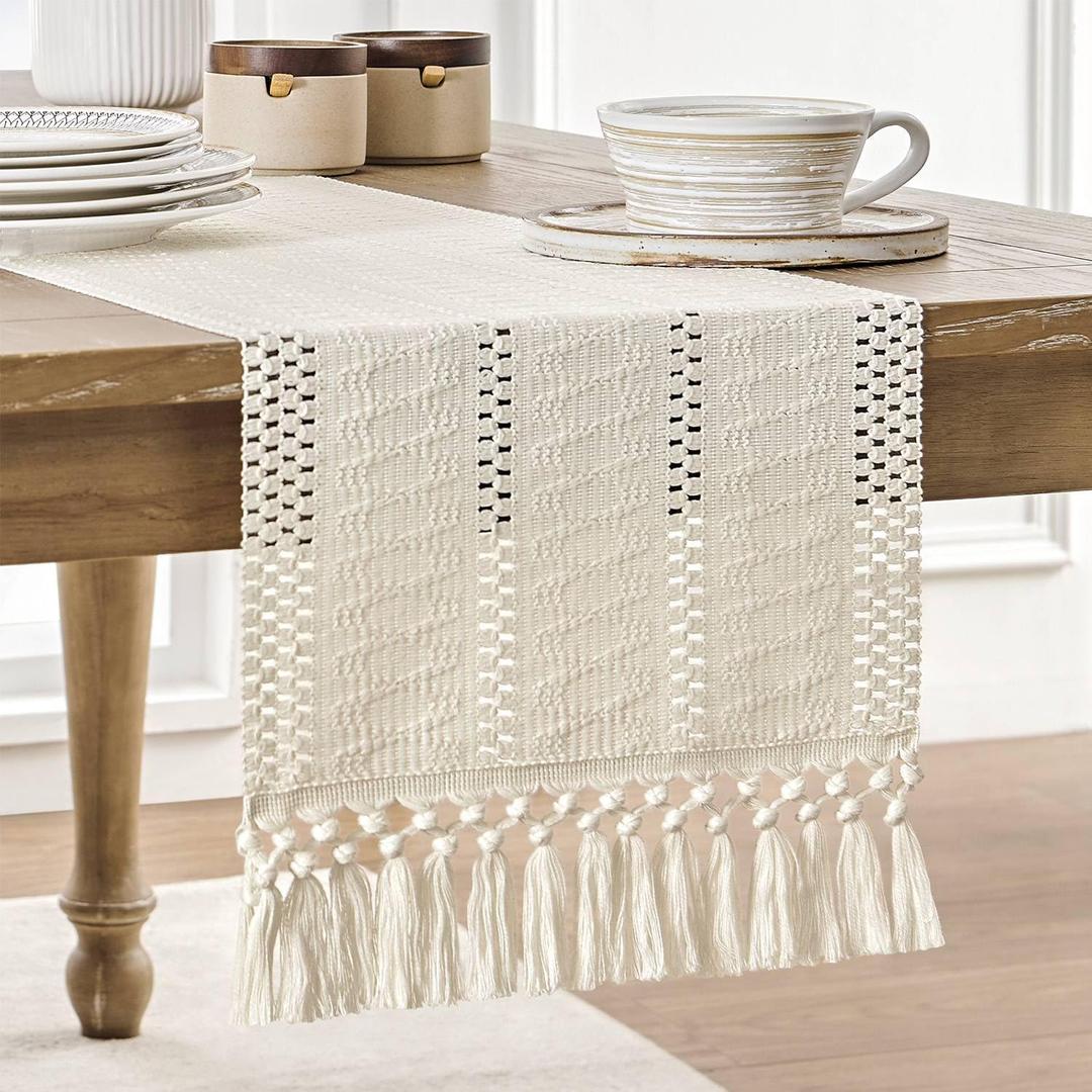 ZeeMart Macrame Style Boho Table Runner, Ivory Table Runners 90 Inches Long, Farmhouse Woven Home Decor, 12x90 Inch (12x98 Tassel Included), Ivory