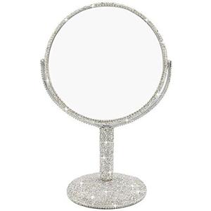 Bling Rhinestone Portable Magnified Double Sided Swivel Makeup Vanity Mirror, 360°Rotate Makeup Mirror Round Shaped Two-Sided Makeup Mirror (Silver)
