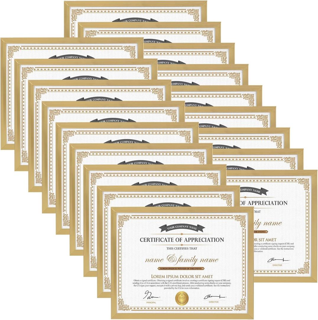 Hoikwo 18 Packs 8.5x11 Gold Multi Plastic Picture Frames Set with Plastic Cover, Certificate Frames for Document Diploma Award, Light Weight Bulk 8.5 by 11 Frames Pack for Wall Hanging and Table