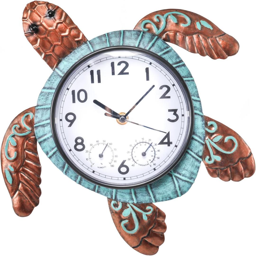 MUMTOP Turtle Outdoor Clock Waterproof, 12.6 Inch Outside Wall Clock with Thermometer Combo for Patio Pool Garden Home Decor, 13 Inch