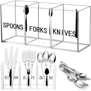 Suzile Acrylic Cutlery Storage Organizer Plastic Utensil Holder Clear Silverware Organizer 3 Section Tableware Storage Box Countertop Fork Spoon Knife Holder Party Flatware Caddy for Kitchen Storage