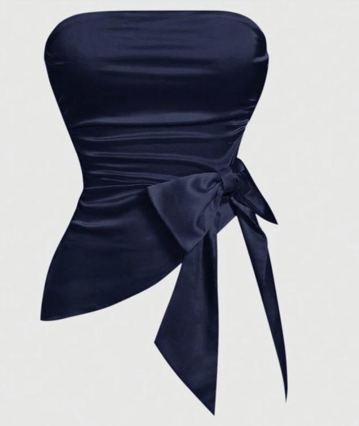 Women's Solid Color Ruched Bandeau Cropped Top With Bow, Satin Elegant Sleeveless Summer Dressy Tops For Women, Navy Blue, XXL