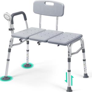 Tub Transfer Bench for Bathtub, Height Adjustable Shower Bench with Backrest, Shower Chair Bath Seat for Elderly, Seniors, Arm Support for Transfer-Gray (Large)