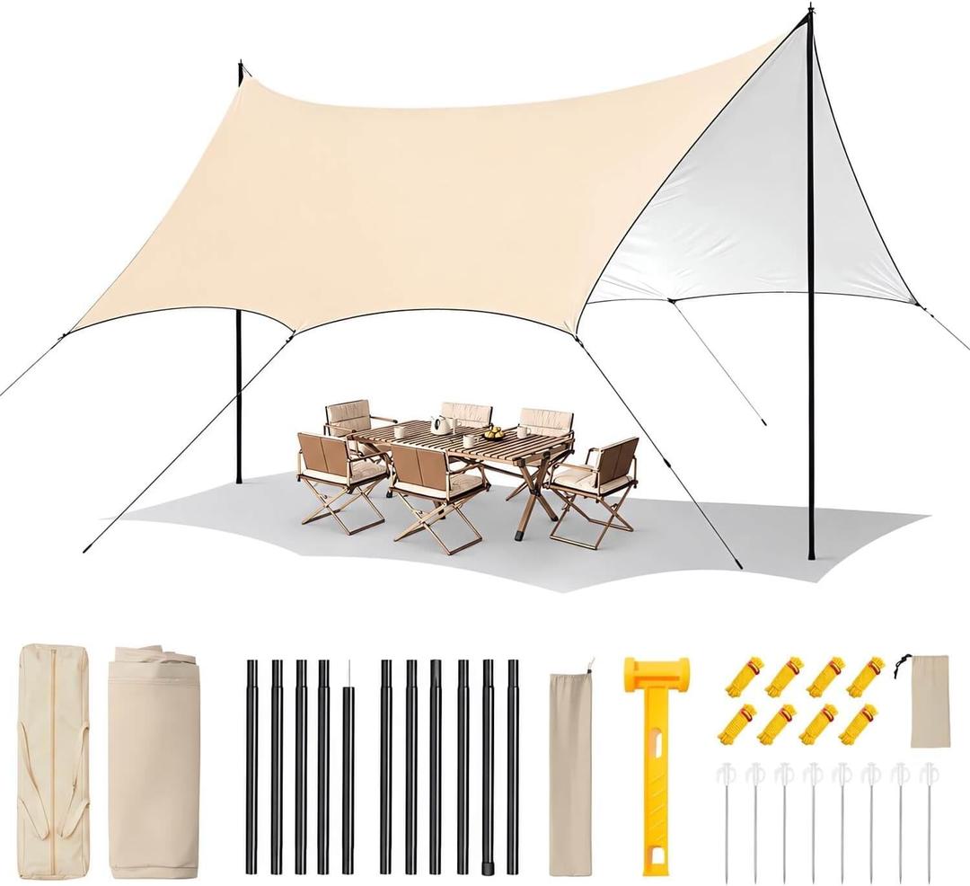 Heavy Duty Waterproof Camping Tarp 1511FT UV Blocking Sun Shade Canopy with Poles & Ropes, Reinforced Tear-Resistant Corners, Windproof Outdoor Shelter for Camping, Picnic(Khaki Reflective,15x11FT)