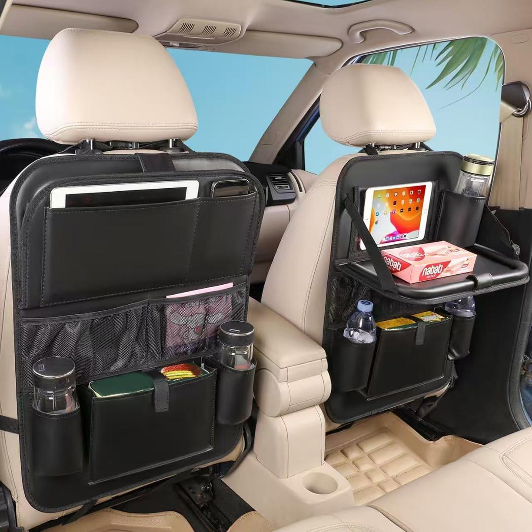 Leather Car Backseat Organizer with Tablet Holder - 9 Large Storage Pockets, Foldable Food Tray & Anti-Scratch Kick Mats - Universal Car Seat Protector for Kids, Pets & Travel Accessories, 1 Pack