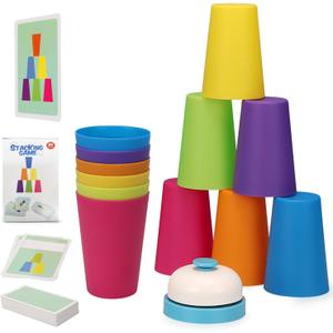 Family Game Battle Stacking Cups, Table Game Color Sorting Cognitive Training Stacking Cups, Puzzle Competitive Parent-Child Interactive Toys Halloween (54 Cards, 12 Cups, 1 Bell)