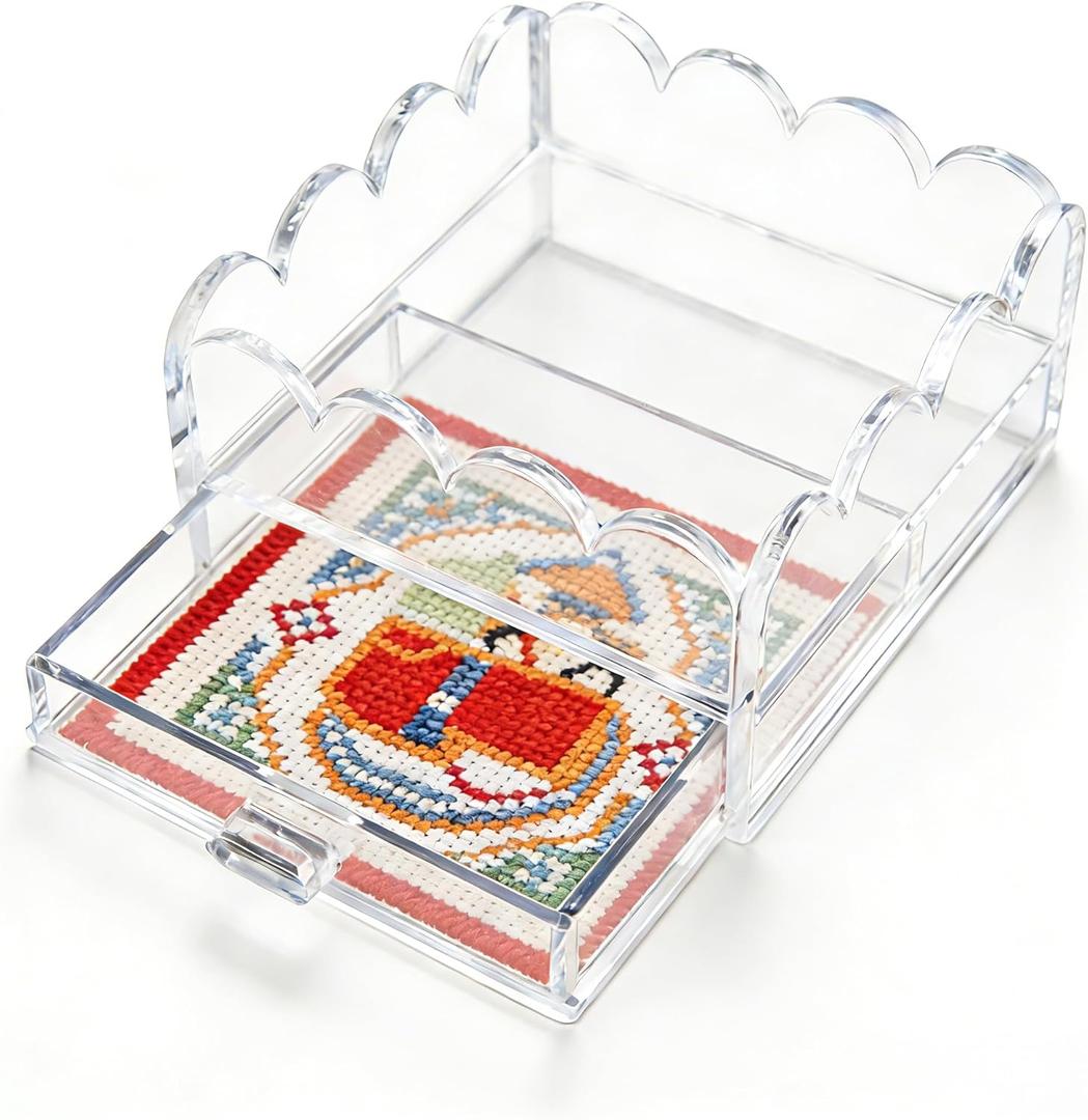 Clear Acrylic Trays for Needlepoint with Insert Drawer 4" x 4", HKKZYT Small Scalloped Acrylic Tray Organizer for Photos, Art, Napkin, Fabric, Messages Display Basket