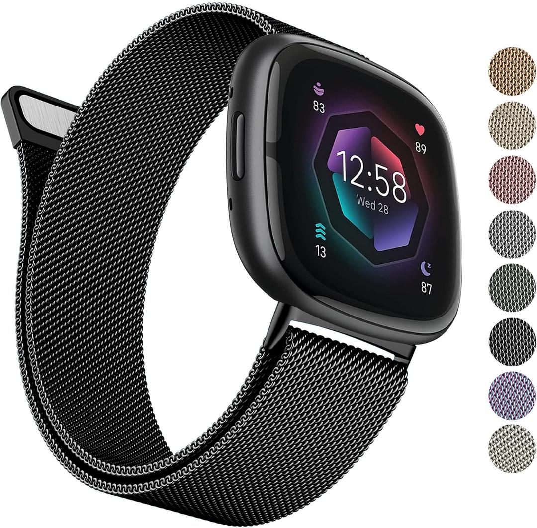AK Metal Band Compatible with Fitbit Sense 2 / Sense & Versa 4 / Versa 3 Bands - Women & Men, Stainless Steel Mesh Loop Magnetic Replacement Bracelet Strap, Large, Black 