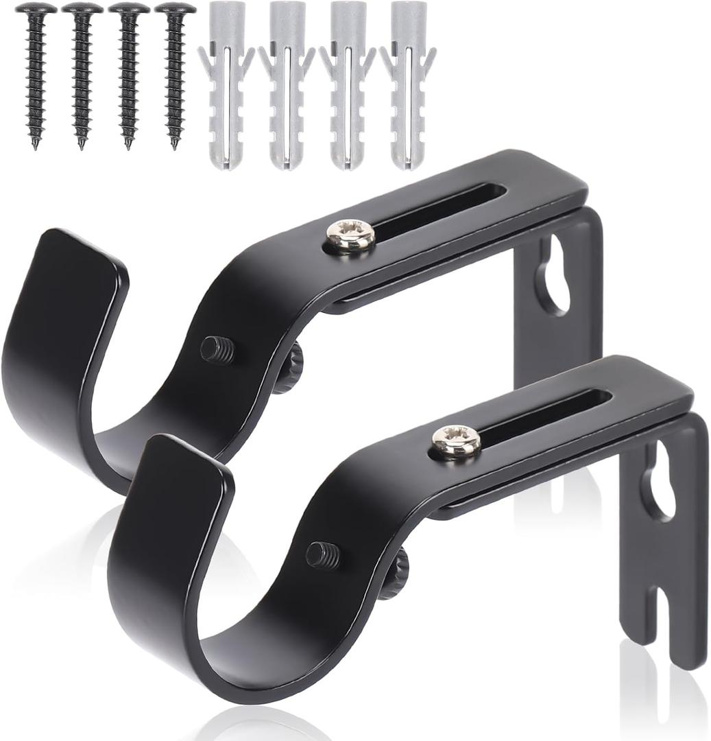 Premium Curtain Rod Brackets for Wall - Adjustable Hooks, Iron Holders for 1 Inch Rod - Black (Pack of 2)