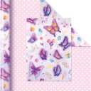 WERNNSAI Butterfly Wrapping Paper 1 Roll 17” x 33 ft Reversible Birthday Wrapping Paper Roll Butterfly Birthday Gift Wrap Paper Kids Wrapping Paper Roll Girls Purple Gift Wrap Paper Polka Dot Design