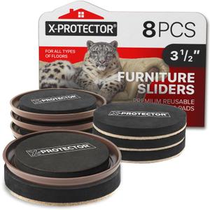 XProtector Furniture Sliders  8 PCS 3 1/2"  4 Furniture Sliders Hardwood Floors & 4 Furniture Sliders for Carpet  Moving Pads for All Floor Types! Reusable Sliders to Move Furniture Easily!