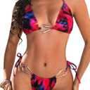 MakeMeChic Women's Tie Dye Bikini Sets Halter Triangle Ring Tie Backless String Swimsuits Bathing Suit (Medium, Red)