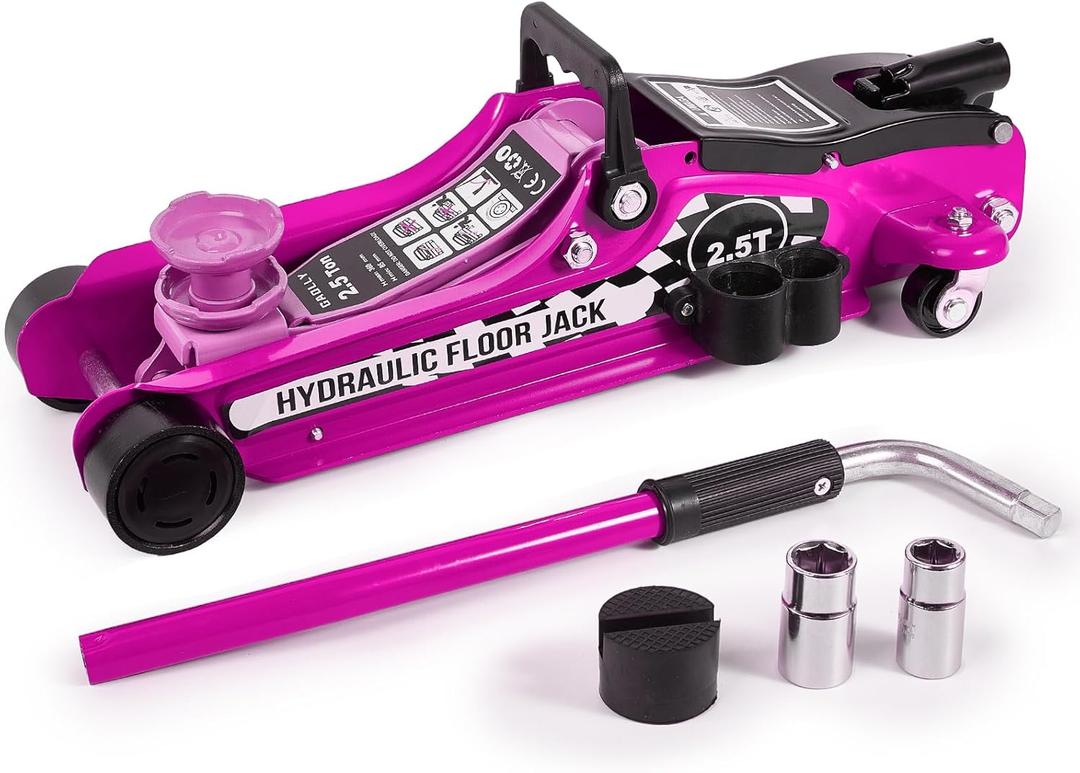Floor Jack Kit 2.5 Ton (5,500 lbs) | Car Jack - Hydraulic Low Profile Trolley Jack - Tire Tool for SUV and Auto with Lug Wrench Pink