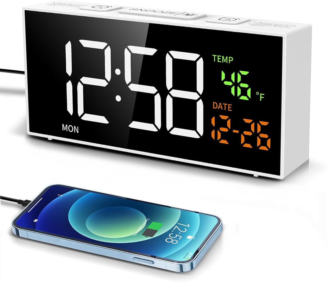 Netzu Alarm Clocks for Bedrooms, Digital Alarm Clock with Date Temperature and Weekday, Manual DST, Snooze, 2 Alarms, 4 Volumes for Living Room Home Bedside Desk White