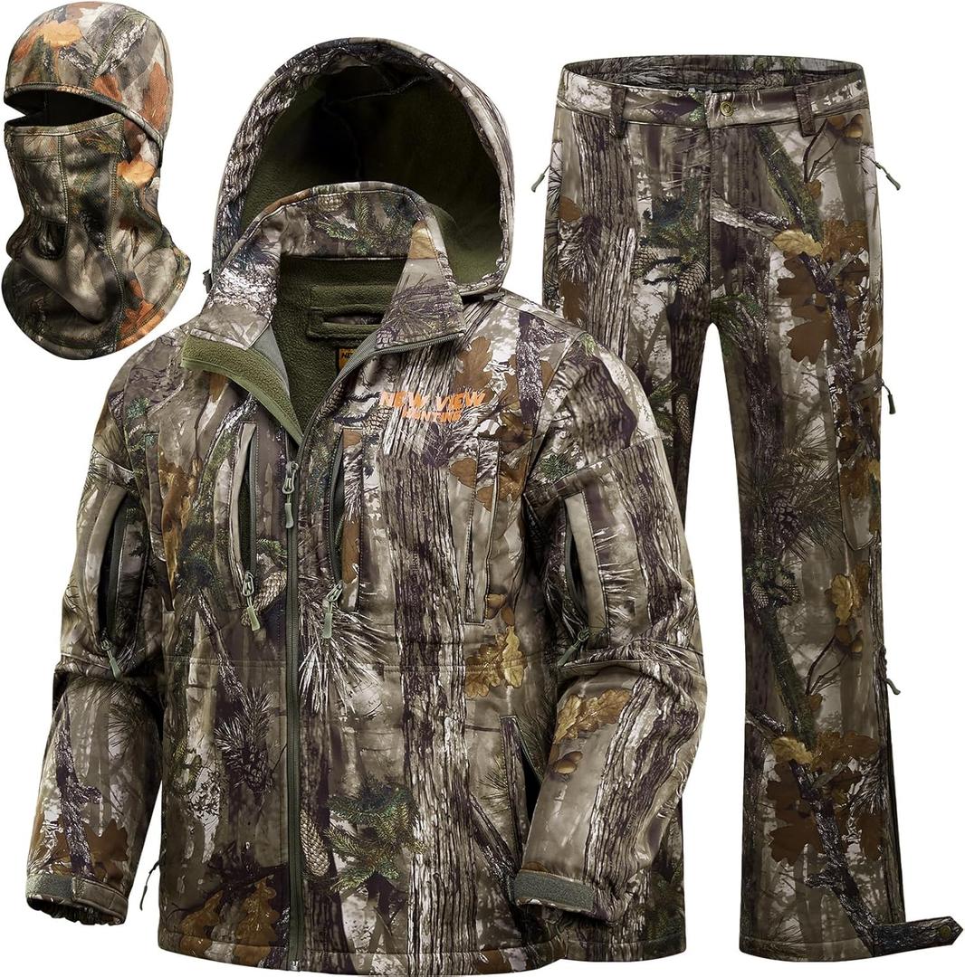 NEW VIEW Camo Hunting Clothes for Men, Quiet Warm Fleece Lining, Cold Weather Deer Hunting Jacket and Pants with Face Mask (Large)