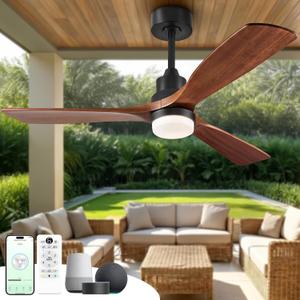 60 inch Smart Ceiling Fan with Lights,Outdoor Ceiling Fan 3 Wood Blades Compatible with Alexa/Gg Voice Control&App&Remote,Quiet DC Motor for Covered Patio Porch Bedroom,Dark Walnut
