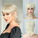 Short Blonde 613 Platinum Shaggy Layered 80s Mullet Pixie Wig with Bangs Wolf Cut Curly 90s Synthetic Funny Fake Fun Hair Replacement Wigs for White Women Daily Party Cosplay Halloween Costume Use