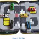 Portable kids toys storage bag with alloy toy cars, simulated dinosaurs, building blocks, base plates and a city road map. Educational travel toy set, suitable as a birthday gift for children aged 3-6