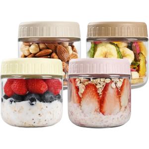 SHOWIN Overnight Oats Containers with Lids, 10oz Glass Jars with Lids 4 pcs, Wide Mouth Mason jars for Salad, Yogurt, Snacks, Meal Prep
