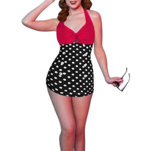 Ekouaer Womens One Piece Swimsuits Vintage Striped Skirt Bathing Suit Vintage Retro Push Up Swimwear (Large, Black Polka Dot2)