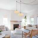 KCO Lighting Mid Century Plug in Hanging Light Modern Milk Glass Pendant Light White and Gold Plug in Chandelier Lighting with Long Cord Vintage Striped Glass Hanging Ceiling Lighting, L1150-A-Plug