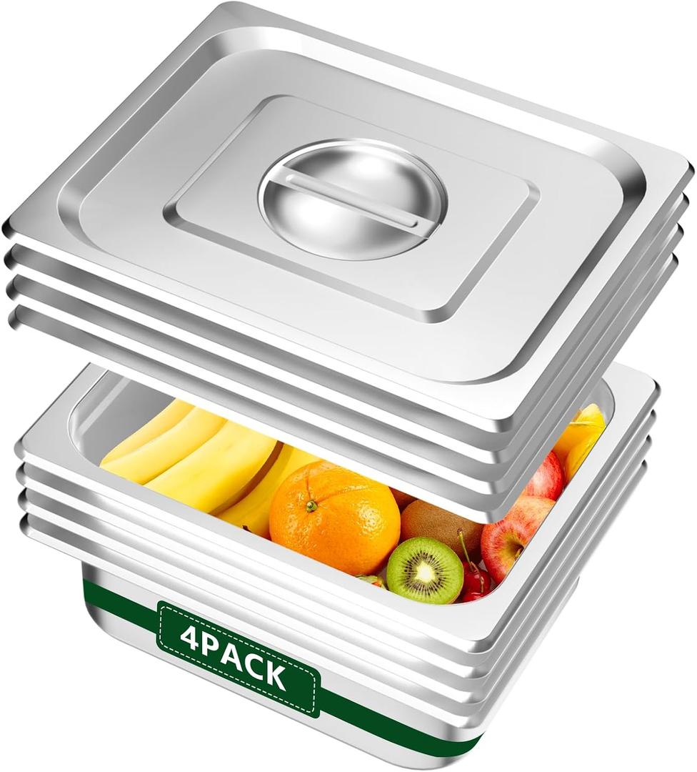 BAKPOCO Hotel Pan With Lid 1/2 Half Size - 4" Deep 4 Packs Stainless Steel Food Pan for Steam Table, Commercial Restaurant, Anti Jam, Buffet, Home