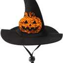 Halloween Pet Costume, Witch Hat for Cats Dogs, Black Adjustable Wizard Hat with Pumpkin Design, Witch Accessories for Small Medium Pets