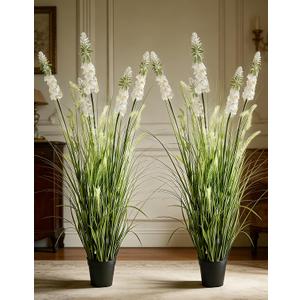 Artificial Grass Plant with White Delphinium Silk Flowers 4ft 2-Pack, Fake Ornamental Onion Grass in Pot, 48in Tall Floor Grass Plants for Decor, Indoor Decorative Flowers & Plants