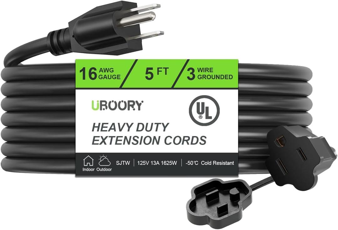 Outdoor Extension Cord Waterproof 5 FT, Black 16/3 SJTW Heavy Duty, Flexible 100% Copper 3 Prong Extension Cord for Lawn, Garage,UL Listed