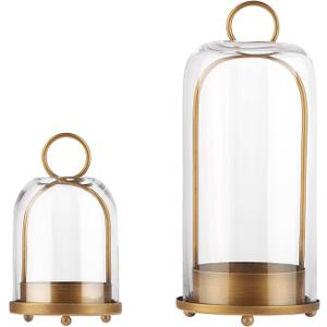 5" & 4" Wide Versatile Metal Candle Holder In Antique Brass With Handmade Thick & Sturdy Glass Dome Cover For Pillar Candle & Plants, Industrial, Farmhouse, Shabby Chic Style (2, brass, Large & Small)