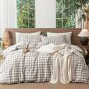 MooMee Gingham Duvet Cover Set 100% Washed Cotton Linen Like Textured Breathable Durable Soft Comfy Modern Checkered Design (Buffalo Plaid Tannish Linen Grey, King 104"x90")