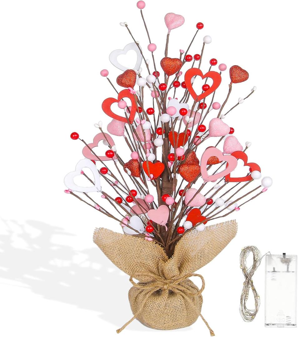 Valentines Day Decorations with Lights, 20 Inch Valentine Tree with Glittered Red Pink Heart-Shaped Berries, Valentine's Table Decorations for Home Office Party, Decor for Mantle Entryway