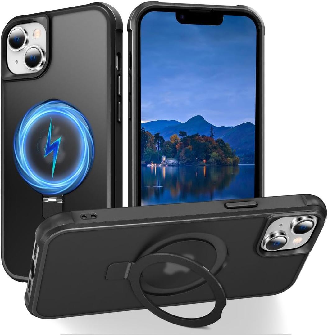 Hocase for iPhone 14/13 Case 6.1", with Magnetic Ring Stand [Compatible with MagSafe] [Military Grade Protection] Slim Shockproof Translucent Protective Phone Case - Black