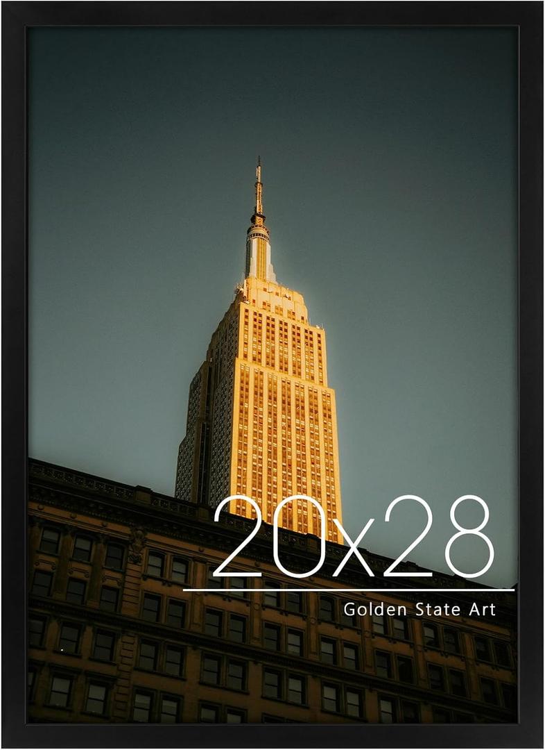 Golden State Art, 20x28 Frame, Black Solid Wood with Real Glass, 20 x 28 Picture Frames for Horizontal or Vertical Gallery Wall, Large Size Poster Frame, 1 Pack
